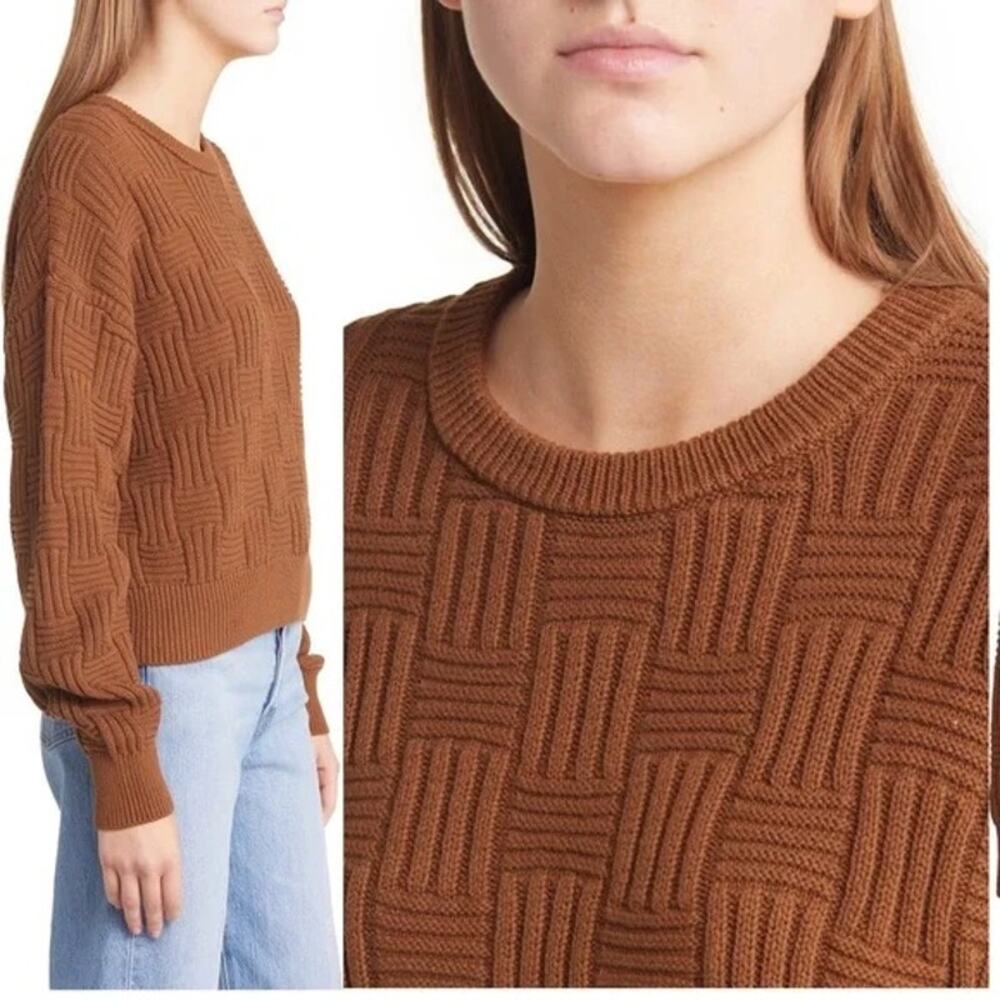 Reformation Winnie Brown Basketweave Organic Cotton Crewneck Sweater Size XL - Picture 2 of 10